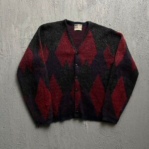 Vintage Revere Mohair Cardigan Men Medium‎ Black Red 1960s Argyle Young Breed